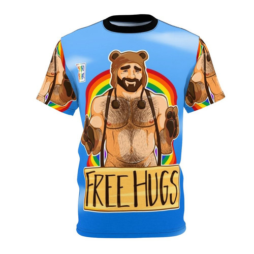 Vibrant graphic t-shirt featuring the text "Adam Likes Hugs" in a rainbow design for gay pride.