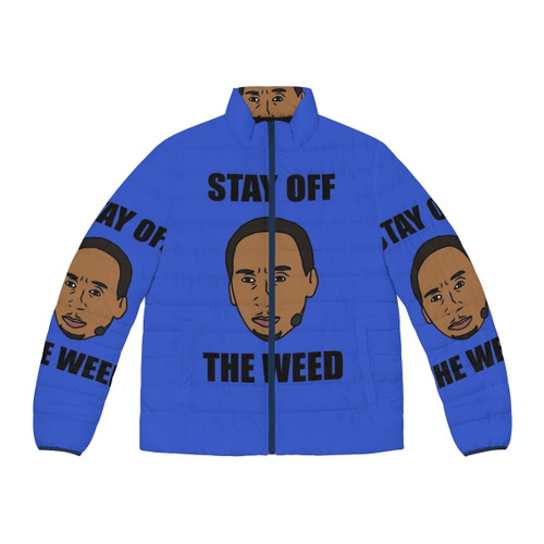 Stephen A Smith "Stay Off The Weed" puffer jacket with basketball and sports motifs