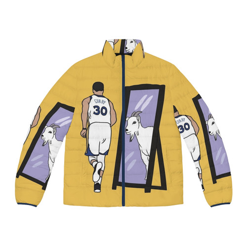 Steph Curry wearing a puffer jacket with the text "Mirror GOAT"
