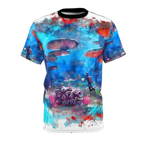 Person wearing a t-shirt featuring underwater vehicles and sea creatures from the video game Subnautica.