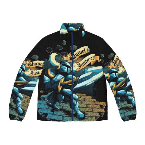 Steel Thy Shovel Puffer Jacket featuring a medieval-inspired shovel design for retro gaming enthusiasts
