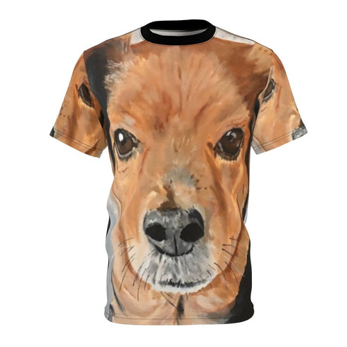 A high-quality acrylic painting of a cute, mixed-breed dog on a t-shirt.