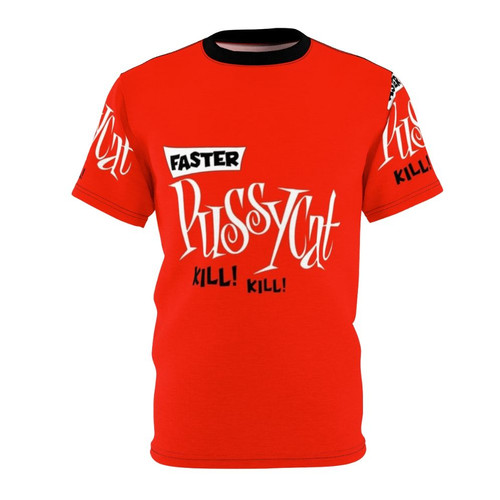 Retro-inspired "Faster Pussycat Kill Kill" t-shirt featuring a stylized graphic design