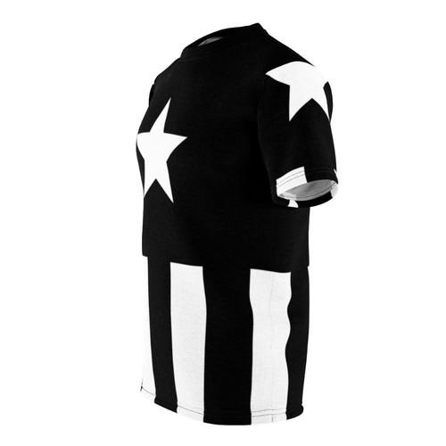 Mockup of a black t-shirt with a comic book-inspired design featuring a black cap and superhero-themed graphics. - men left