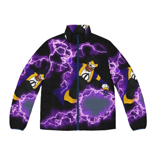 Static Shock inspired puffer jacket with electric comic design