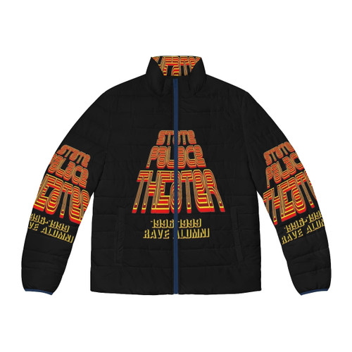 Retro 90s rave puffer jacket featuring original art and 90s rave culture references