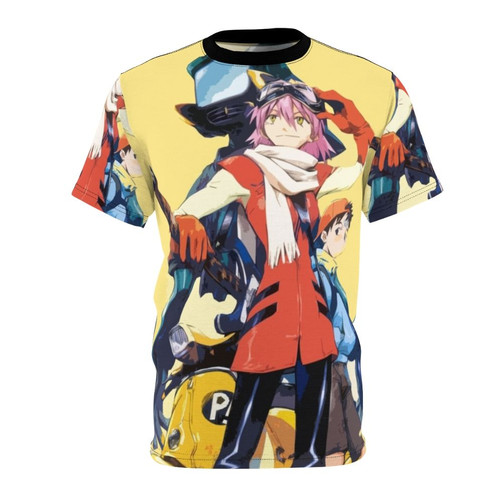 Retro FLCL anime t-shirt with vibrant all-over print design