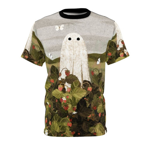 A ghostly, ethereal t-shirt design featuring a field of strawberries and butterflies