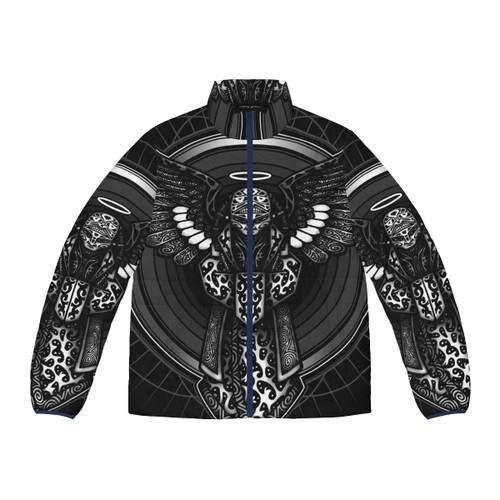 Anunnaki puffer jacket featuring ancient alien mythology and Sumerian cultural symbolism