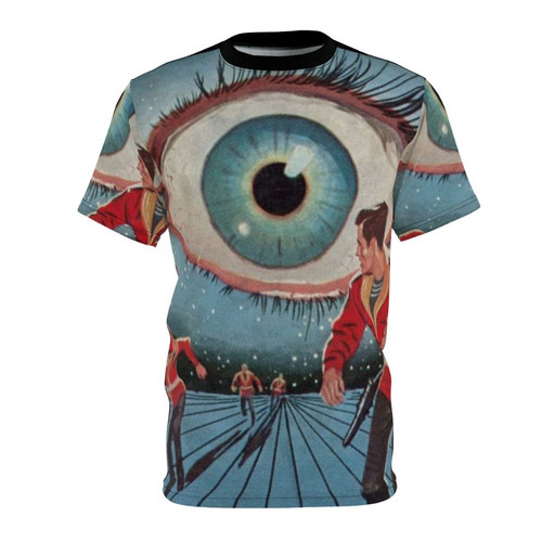 Futuristic science fiction t-shirt design featuring surreal elements from Philip K. Dick's "Eye in the Sky"