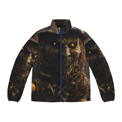 Scarecrow-inspired puffer jacket with a spooky, bloody design perfect for Halloween