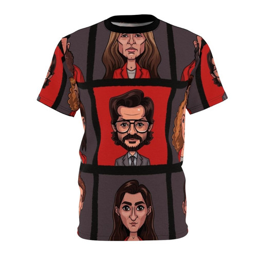 Colorful caricature design of the characters from the TV series Money Heist on an all-over-print t-shirt