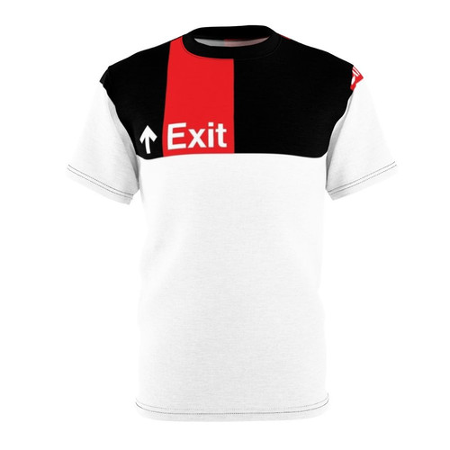 Closeup of a subway exit sign graphic on a modern t-shirt