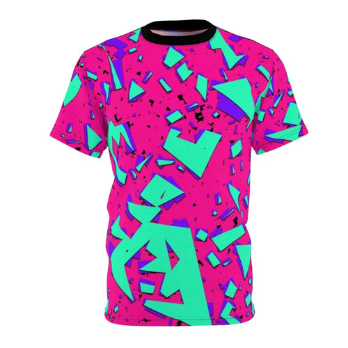 Vibrant abstract geometric pattern in teal and pink colors on a black t-shirt