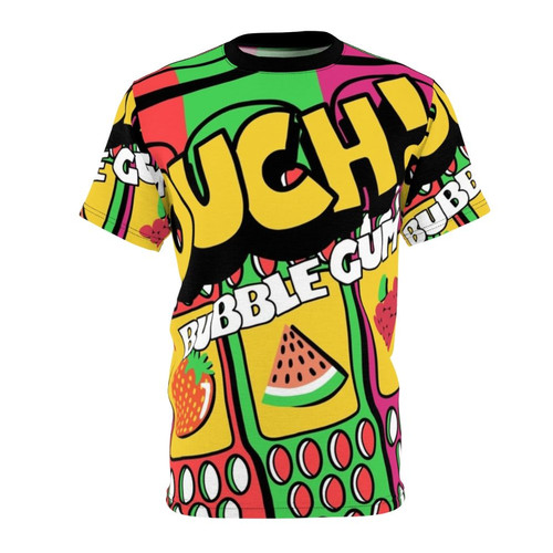 Retro 90s style t-shirt with digital illustration of bubblegum flavors