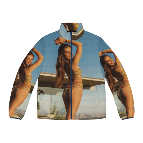 Mermaid-themed puffer jacket with hair flips and deadlifts graphic