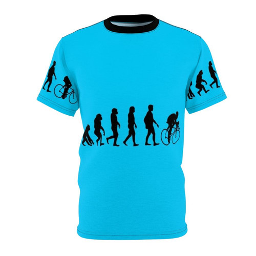 Graphic t-shirt design featuring the evolution of a person to a cyclist, representing the theory of natural selection and fitness for biking.