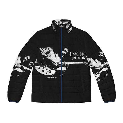 Chuck Berry inspired puffer jacket with guitar and rock and roll details