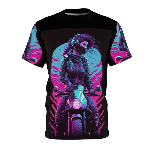 Stylish 80s synthwave-inspired t-shirt featuring a retro biker girl design