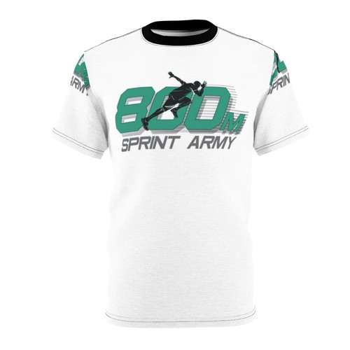 A high-quality performance t-shirt featuring a dynamic all-over print design for 800m sprint and track and field enthusiasts.