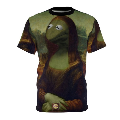 Mona Lisa Kermit the Frog parody t-shirt design featuring the famous painting with the iconic Muppet character