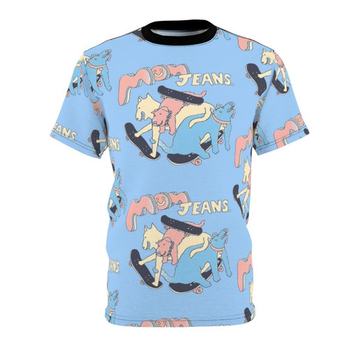 Vibrant t-shirt featuring a mom jeans band design with a cute puppy love illustration