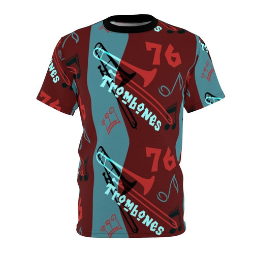 Vintage-style t-shirt design featuring a color palette of brown, blue, and gray with musical theater and marching band elements