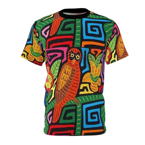 Vibrant traditional mola pattern design from Panama featured on a high-quality t-shirt.