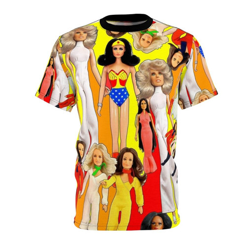 Retro 70s fashion t-shirt with iconic dolls and TV show characters