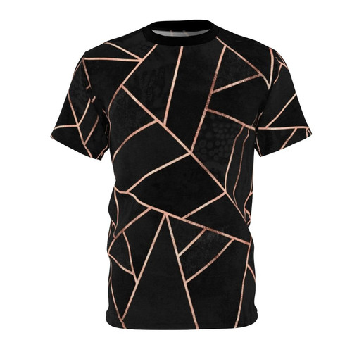 Black t-shirt with abstract rose gold and black geometric pattern design