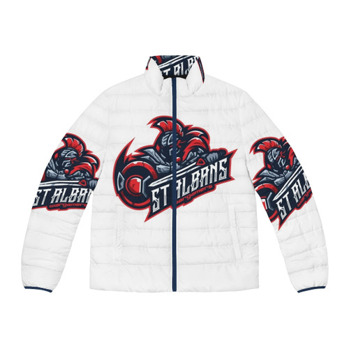 Puffer jacket featuring the St Albans Wargamers OG logo, perfect for gamers and outdoor enthusiasts