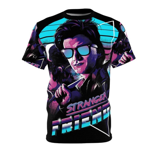 A stylized t-shirt design featuring characters from the popular Netflix series Stranger Things in an 80s inspired retro aesthetic.