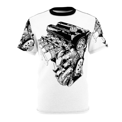 All-over-print t-shirt featuring an automotive-inspired graphic design for car enthusiasts.
