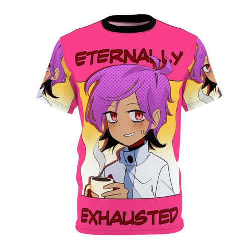 Illustration of a tired, exhausted character holding a coffee mug on a graphic tee shirt