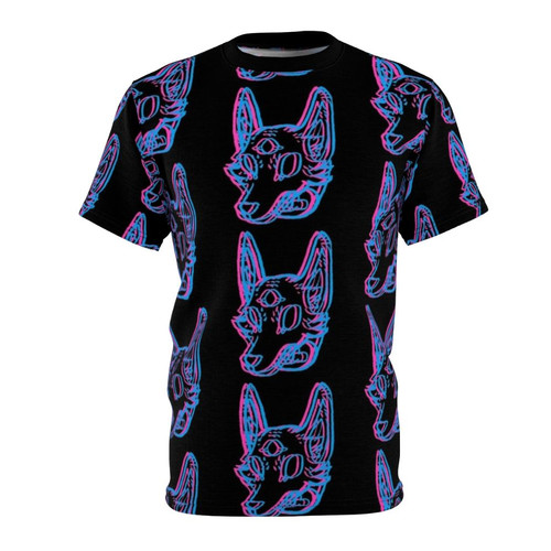 Vibrant 3D graphic t-shirt featuring a trippy, futuristic space coyote design