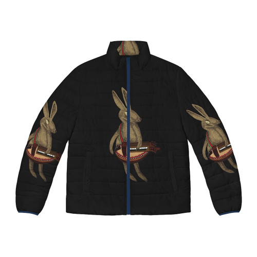 A puffer jacket with a charming illustration of a hare playing the hurdy gurdy, a musical instrument.