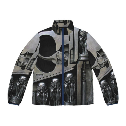 Puffer jacket featuring a biomechanical sculpture design inspired by H R Giger's surreal art
