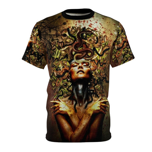 Surreal t-shirt design featuring Medusa and snakes in a striking, artistic illustration