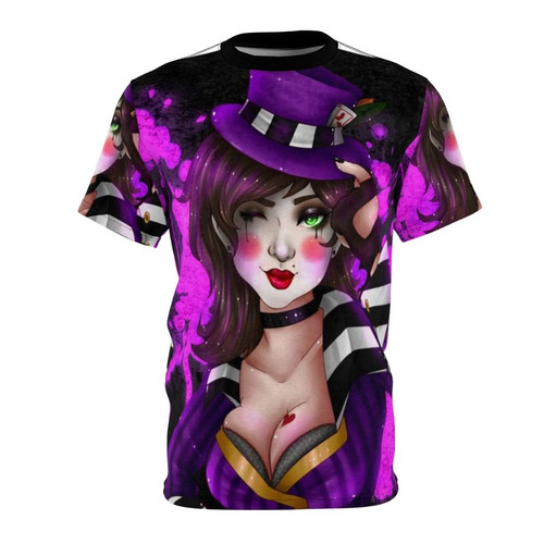 A custom designed t-shirt featuring the iconic video game character Miss Moxxi from the Borderlands franchise.
