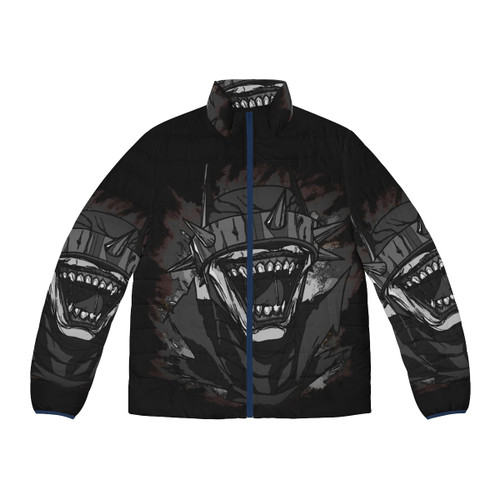 A dark noir puffer jacket featuring the sinister design of The Batman Who Laughs, a popular DC Comics character.