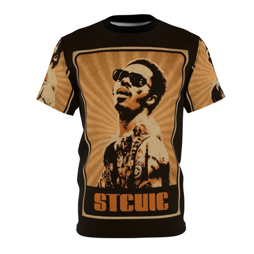 Stylish t-shirt featuring a vibrant all-over-print design inspired by the iconic musician Stevie Wonder