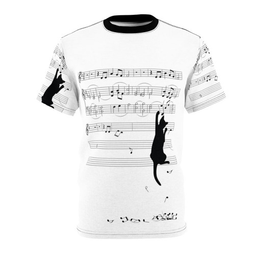 A humorous t-shirt design featuring a mischievous cat playing on a sheet of music.