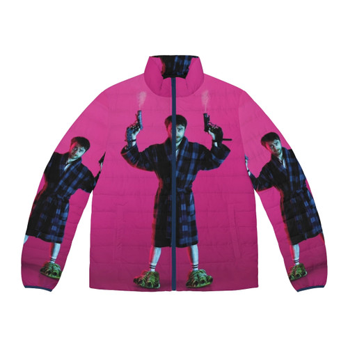 Daniel Radcliffe wearing a pink puffer jacket from the movie "Guns Akimbo"