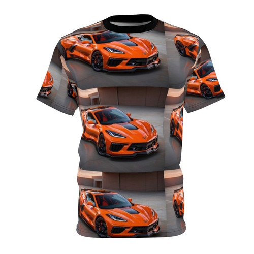 Mockup image of a t-shirt featuring a chevrolet corvette sports car design