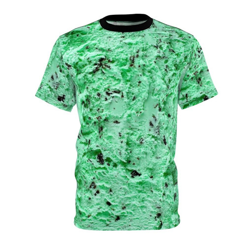 A t-shirt featuring a vibrant, realistic image of mint chocolate chip ice cream scoops.