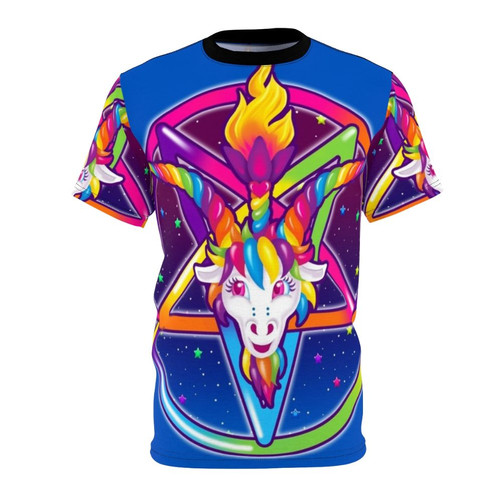 Neon-colored t-shirt featuring a parody design of the Baphomet occult symbol