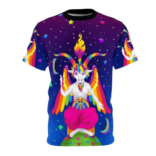 Neon rainbow t-shirt design featuring the baphomet symbol, a horned goat-headed figure associated with occult and satanic imagery.