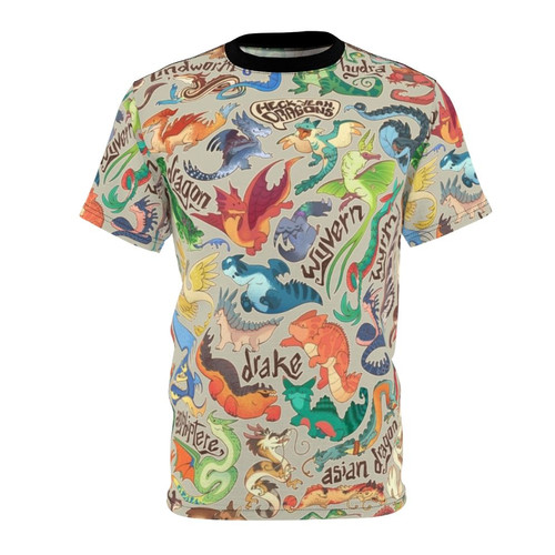 Illustration of a cute, cartoon-style mini dragon on a t-shirt