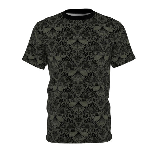Stegosaurus-themed t-shirt with a delicate lace pattern design