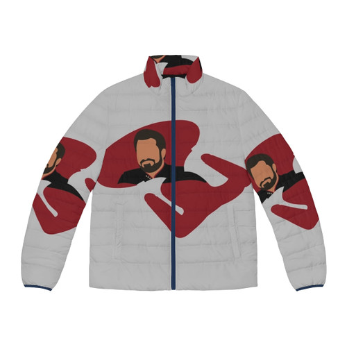 Star Trek TNG themed puffer jacket with Enterprise and Riker design